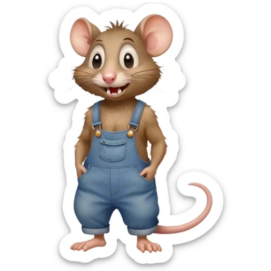 dizzy cartoon hillbilly rat wearing overalls no shirt. standing and talking full body. human eyes. teeth showing talking. walking ad talking sticker