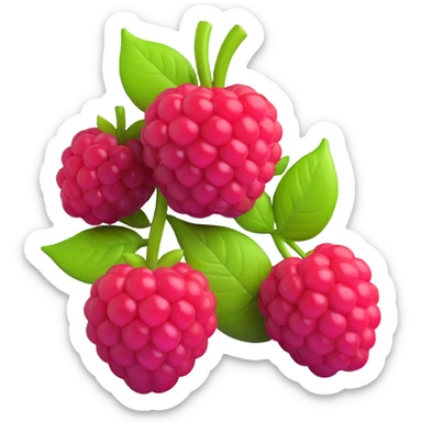 Transform this watercolor raspberry illustration into a 3D iOS-style emoji. Render the raspberry and leaves with smooth, glossy surfaces, soft shadows, and vibrant colors, in the Apple emoji style. No background. sticker