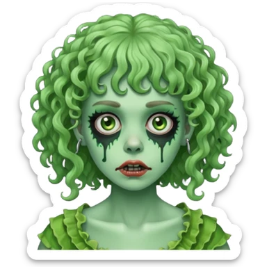 green zombie woman with curly hair, bangs, and a septum piercing. like iPhone emoji sticker