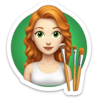 Ginger hair, White woman with makeup brushes in hand, green eyes sticker