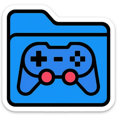 Add a blue game controller to the front of the blue folder icon, leaving some room around the borders. The controller should be centered, clearly visible, and in a flat, modern style with a fully transparent background. Prioritize clarity and recognizability. sticker