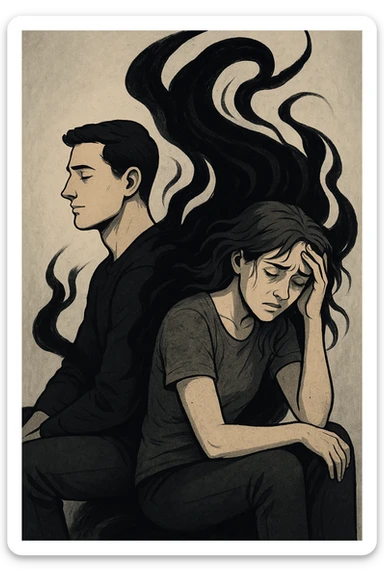 Vertical format: A man and a woman sitting back to back, a dark energy flow starting from the man and wrapping around the woman, she has an exhausted expression. sticker