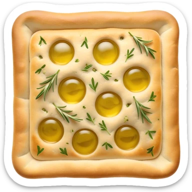Cinematic Realistic Focaccia Bread Dish Emoji, depicted as a golden, olive oil brushed flatbread sprinkled with herbs rendered with lifelike texture and soft, appetizing lighting. sticker
