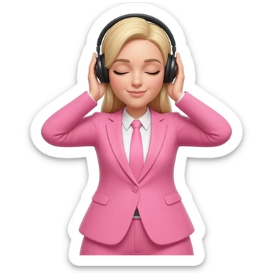 Woman in blonde hair and pink suit wear a black headphones on head connect to pink iphone max pro and hold on headphones on head with hands on headphones with close eyes sticker