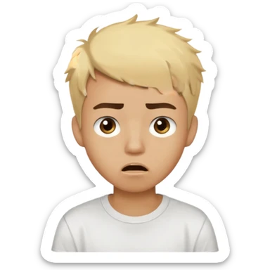Short buzz, messy blonde hair. Dark brown bushy eyebrows large expressive golden-brown eyes, wearing a plain white t-shirt. Male Teenager. light Dark Brown skin color. Confused mouth gape sticker