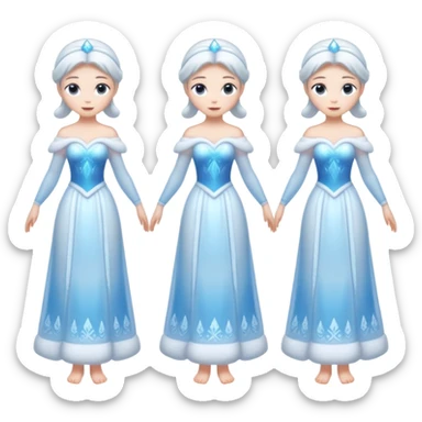 An ice Snow Maiden character with two arms and two legs, full body, front view, back view, side view, three-quarter view, consistent character design, translucent ice material, winter fairy tale style. sticker