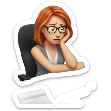 red hair woman wearing glasses sleeping frustrated desk monitor stack paper sticker