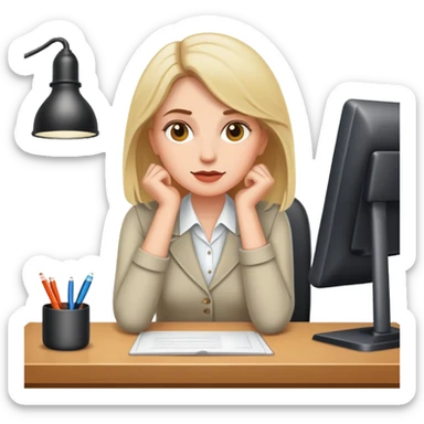 a white woman under desk sticker