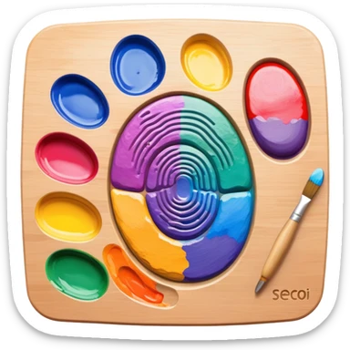 A palette shaped like a fingerprint with colorful paints, representing unique artistic identity sticker