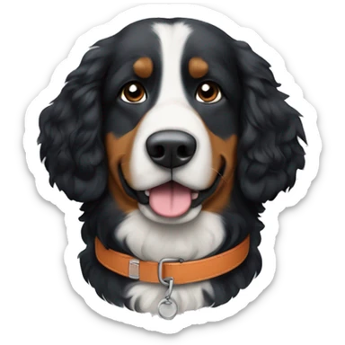 A Bernadoodle dog, that looks like a Bernese mountain dog, a blue collar on that has the name “Georgy” on it sticker