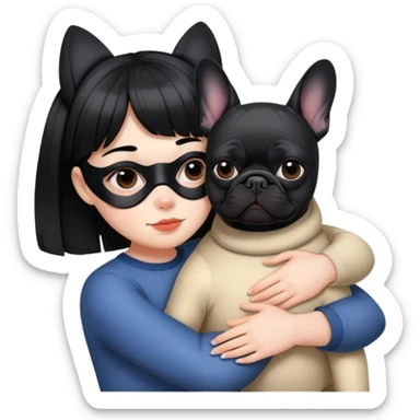 girl with short black straight bangs hair wearing a mask and hugging a black French bulldog sticker