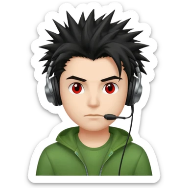 chico pelo medio largo ojos rojos y una camisa verde pelo tipo spike y unos audifonos pelo negro y mas voñuminoso sticker