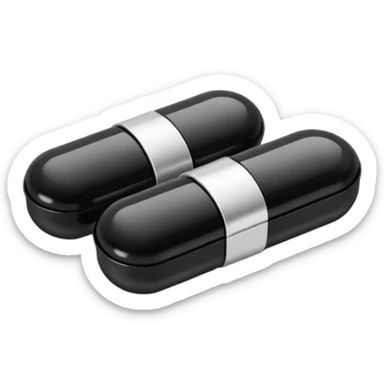 Minimalistic futuristic black medicine pills pack emoji, metallic black and white, reflective sleek surfaces, flat vector design, high-tech clean UI icon sticker