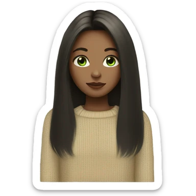 Girl with black straight long hair pale skin light green eyes and beige sweater  sticker