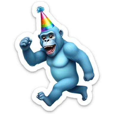 Animated light blue gorilla running wearing a colorful party hat in a forest sticker
