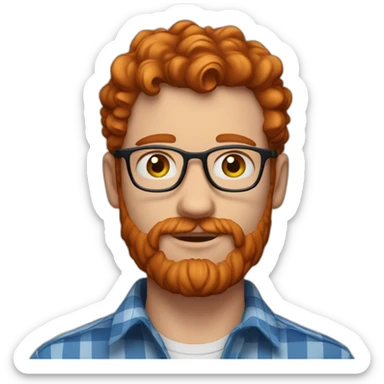 man. around 25. redhead. blue eyes. short mid curly hair. with beard and glasses. scarlet checked shirt sticker