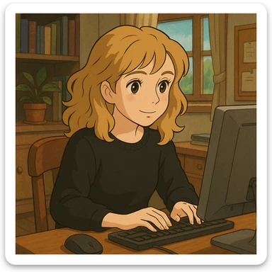 pretty brown-eyed blonde young woman with wavy hair, wearing a black sweater, working on a computer in a cozy office sticker
