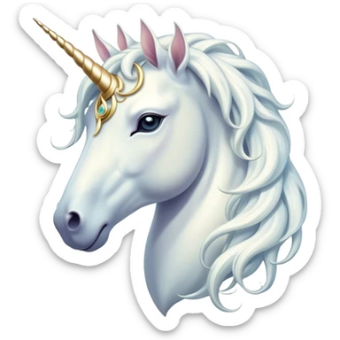 Beautiful and Majestic White Unicorn Portrait Emoji, Head and body exuding serene brilliance with a luminous, flowing mane and a gracefully spiraled horn, eyes gently closed in peaceful reverie, Simplified yet exquisitely enchanting features, highly detailed, glowing with a soft, celestial light, high shine, serene and utterly majestic, stylized with an air of timeless fantasy, soft glowing outline, capturing the essence of a beautiful and majestic white unicorn that embodies the pure magic of legend! sticker