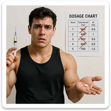 realistic young athlete with swollen muscles holding syringe of testosterone and pill of aromatase inhibitor, confused expression, dosage chart with errors, white background, 4K quality sticker