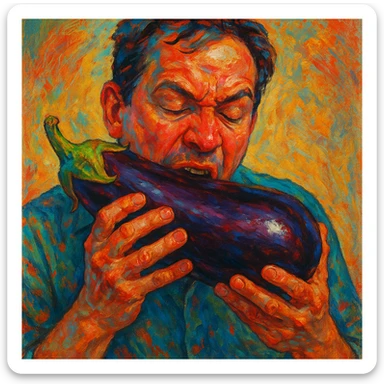man eating a big eggplant, style 3 sticker