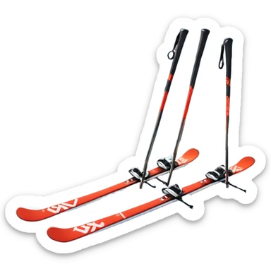 An icon featuring a pair of skis and ski poles in the foreground, set against a picturesque snow-covered slope. The background includes snowy peaks and evergreen trees, symbolizing the excitement and beauty of winter sports. Transparent background highlights the thrill of skiing and snowboarding. sticker