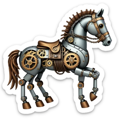 Horse made of visible mechanical parts with gears, cogs, wires, and rope components, steampunk style sticker
