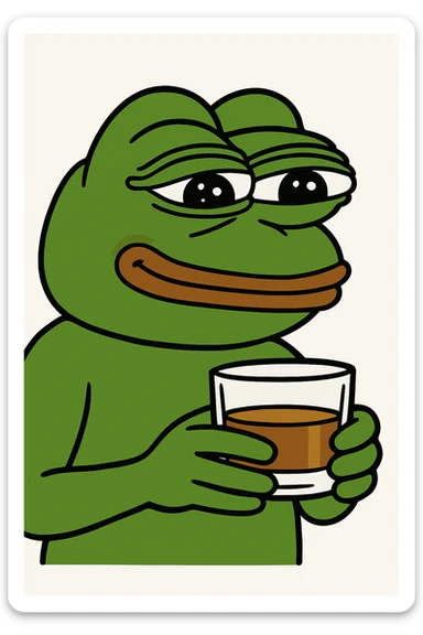Pepe the Frog holding a whiskey glass with both hands, in pepe meme style sticker