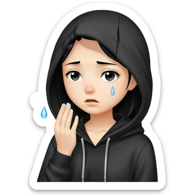girl with black hair in black hoodie with tears streaming down her face sticker