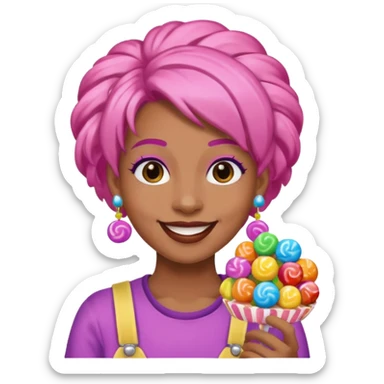 candy shop vendor, looking like candy with candy earrings and candy hair sticker