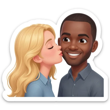 Blonde woman kissing black man with shaved head on the cheek sticker