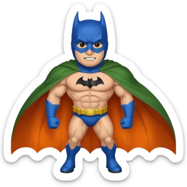 batman emoji with the mask in blue, wings in orange and cloak in green sticker