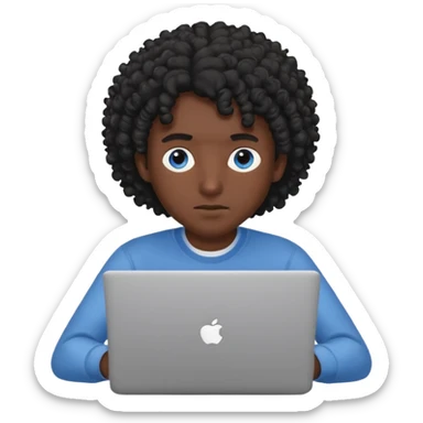 мужчина с черными кудрявыми волосами и серо-голубыми глазами с ноутбуком sticker