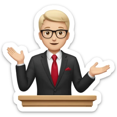 A professional clean-shaven man in a dark business suit and red tie standing behind a podium, confidently delivering a speech. Hands slightly open in a welcoming gesture, soft studio lighting, neutral dark background, friendly facial expression, glasses, elegant and corporate look. sticker