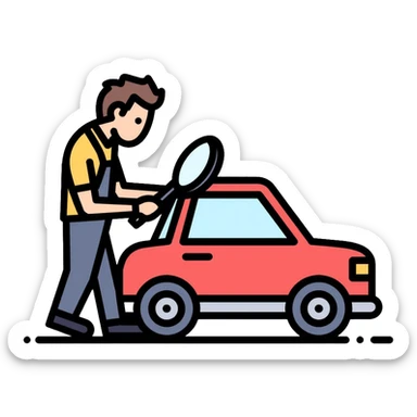 car inspection, mechanic examining vehicle with magnifying glass sticker