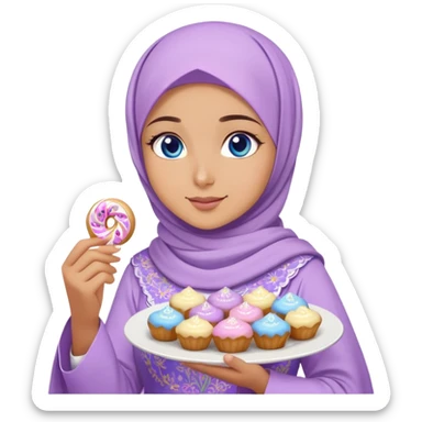 Turkish beautiful finish Konya girl blue eyes with lilac floral hijab islamic dress and had on her hand text Eid Mubarak with sweets and celebrating with her friends eid days   sticker