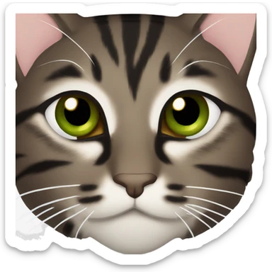 Dark brown tabby cat with brown-green eyes, black nose and white neck sticker