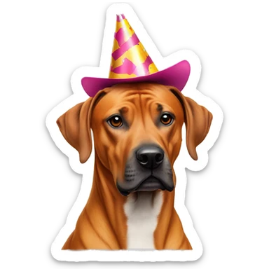 Rhodesian  ridgeback crossed with a staffy with a party hat sticker
