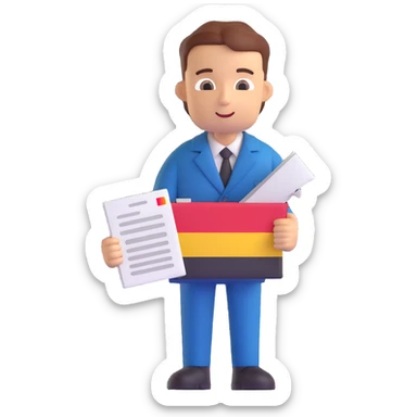 3D style official friendly universal character with a document and German flag motif, citizenship app icon, no specific gender or ethnicity sticker