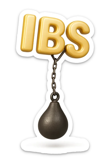 emoji stile iphone della parola "IBS" sospesa in aria con zavorra attaccata sotto che la fa cadere per il peso, iperrealistico 4k sticker