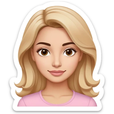 Puerto Rican actress in her early 30s with oval face, soft features, defined but not prominent cheekbones, sweet expression, large almond light brown eyes, well-defined medium eyebrows, straight nose, medium lips with fresh smile, long slightly wavy dark blonde hair, wearing a light pastel pink top sticker