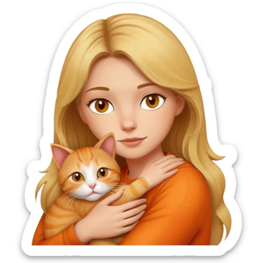 dirty blonde haired woman with hazel eyes, hugging an orange cat sticker