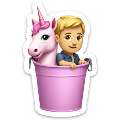 A Caucasian Burnett, baby riding a pink unicorn in a bucket sticker