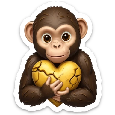 chimpanzee named Chimpanzini Bananaini hugging a cracked heart looking determined to fix it, emoji style sticker