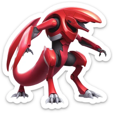 a shiny red Genesect-Raptor-Fakémon—hybrid with a futuristic visor-helmet full body sticker
