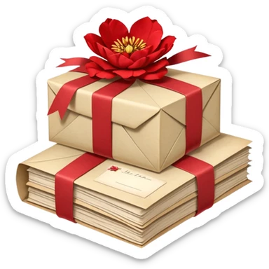 A beautifully arranged Stack of aged letters, tied with a red ribbon, envelopes, corespondence, aesthetic, red flower petals around, mails sticker