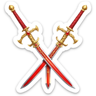 Two crossed swords that are golden in blade and handle and have fiery and royal appearence to them as well as red gem stones sticker