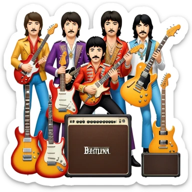 Rock music icon: dynamic collage of global rock legends like The Beatles, Jimi Hendrix, Elvis Presley, Led Zeppelin, Queen, and Nirvana, surrounded by guitars, amplifiers, and stage lights. Symbolizing the energy and power of rock music. Transparent background. sticker
