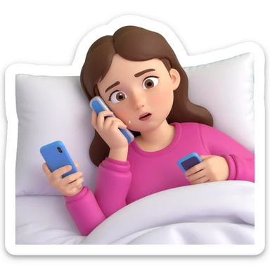 A girl lying in bed, staying up late playing on her phone. She looks exhausted, with dark circles under her eyes and appears very tired sticker