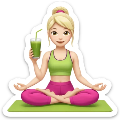 Девушка-мемоджи радостно сидит на коврике для йоги, в спортивной позе, в ярком стильном спортивном комплекте. Лицо сияющее, улыбка очень довольная и счастливая, в руках яркий стакан освежающего матча-лимонада, вокруг атмосфера свежести, отдыха и комфорта. Белый фон. sticker