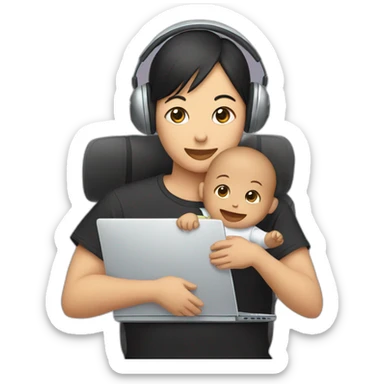 black t-shirt, asian with headset carrying baby in front of a computer sticker